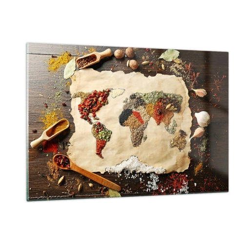 Impression sur verre - Image sur verre - Une carte du monde composée de diverses épices sur un fond rustique. - 120x80cm - Toutes les saveurs du monde - Décoration murale moderne pour le salon et la chambre ARTTOR