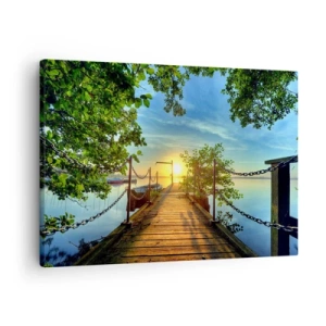 Impression sur toile - Image sur toile - Une jetée sur le lac dans les rayons du soleil couchant - 70x50cm - L'ouest au-dessus de l'eau - Décoration murale moderne pour le salon et la chambre ARTTOR