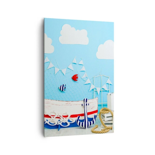 Impression sur toile - Image sur toile - Décoration nautique avec un bateau et des accessoires sur fond bleu - 80x120cm - Nostalgie infantile de l'aventure - Décoration murale moderne pour le salon et la chambre ARTTOR