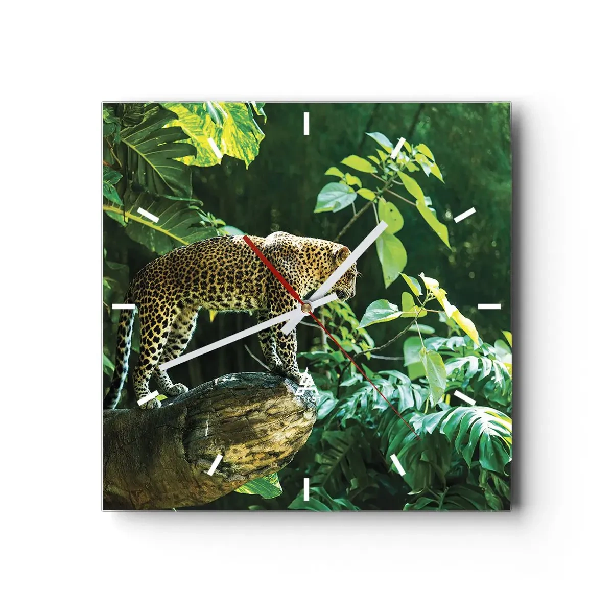 Horloge murale - Pendule murale - Un léopard debout sur un rocher entouré de végétation tropicale - 30x30cm - À la chasse? - Décoration murale moderne pour le salon et la chambre ARTTOR