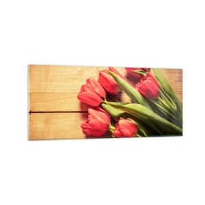 Impression sur verre - Image sur verre - Un bouquet de tulipes roses sur un fond en bois - 120x50cm - Défi du printemps - Décoration murale moderne pour le salon et la chambre ARTTOR