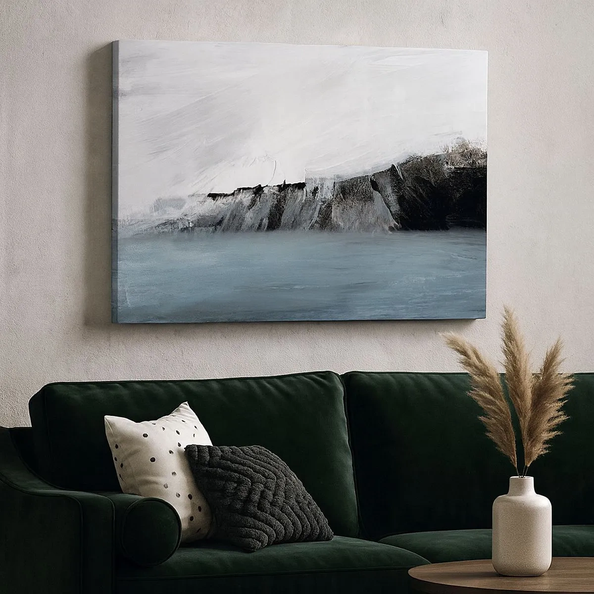 Impression sur toile - Image sur toile - Paysage abstrait avec de l'eau et un rivage rocheux - 70x50cm - Eau – terre : choc des éléments - Décoration murale moderne pour le salon et la chambre ARTTOR