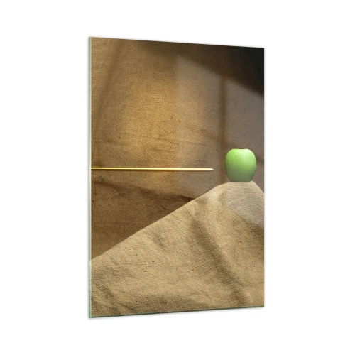 Impression sur verre - Image sur verre - Une pomme verte sur fond beige avec une flèche la transperçant. - 50x70cm - Invoquer l'esprit de Guillaume Tell - Décoration murale moderne pour le salon et la chambre ARTTOR