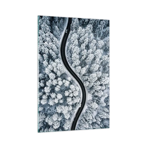 Impression sur verre - Image sur verre - Vue aérienne d'une route sinueuse dans une forêt hivernale - 80x120cm - À travers une forêt d'hiver - Décoration murale moderne pour le salon et la chambre ARTTOR