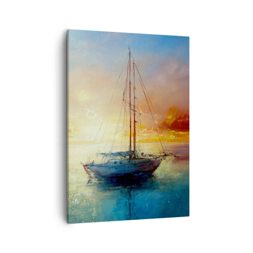 Impression sur toile - Image sur toile - Un yacht sur une mer calme au coucher du soleil - 50x70cm - Dans une baie dorée - Décoration murale moderne pour le salon et la chambre ARTTOR