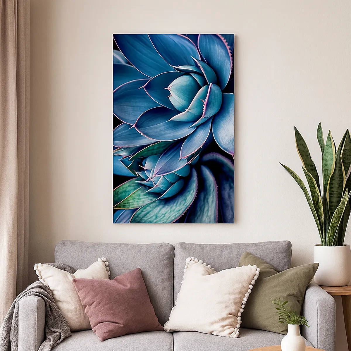 Impression sur toile - Image sur toile - Agave dans des tons de bleu et de vert avec des accents roses - 50x70cm - Force vital - Décoration murale moderne pour le salon et la chambre ARTTOR