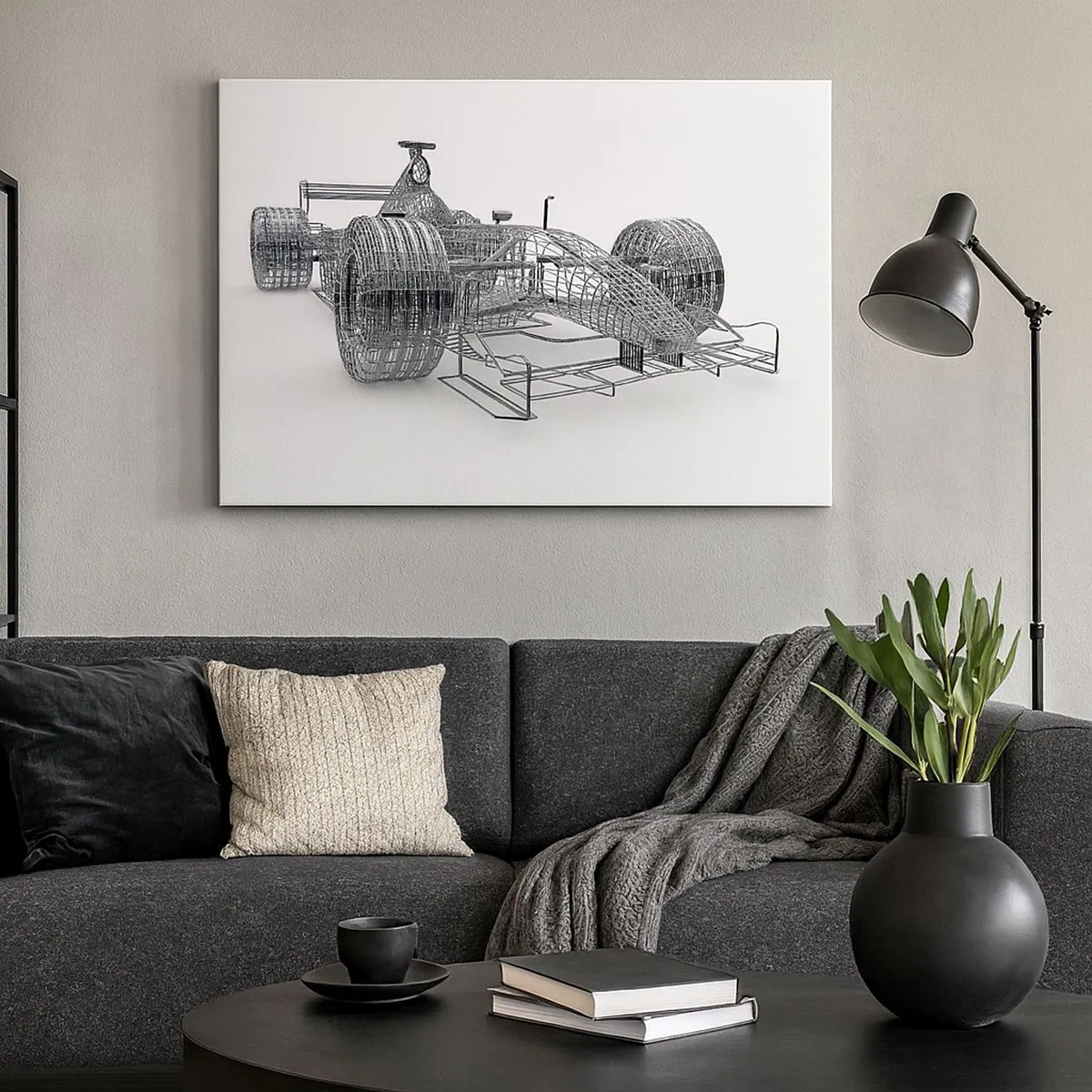 Impression sur toile - Image sur toile - Un croquis de conception d'une voiture de course sur un fond clair - 70x50cm - Design parfait - idée de course - Décoration murale moderne pour le salon et la chambre ARTTOR