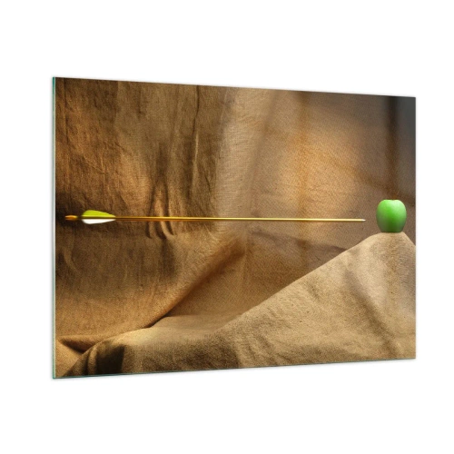 Impression sur verre - Image sur verre - Une pomme verte sur fond beige avec une flèche la transperçant. - 100x70cm - Invoquer l'esprit de Guillaume Tell - Décoration murale moderne pour le salon et la chambre ARTTOR