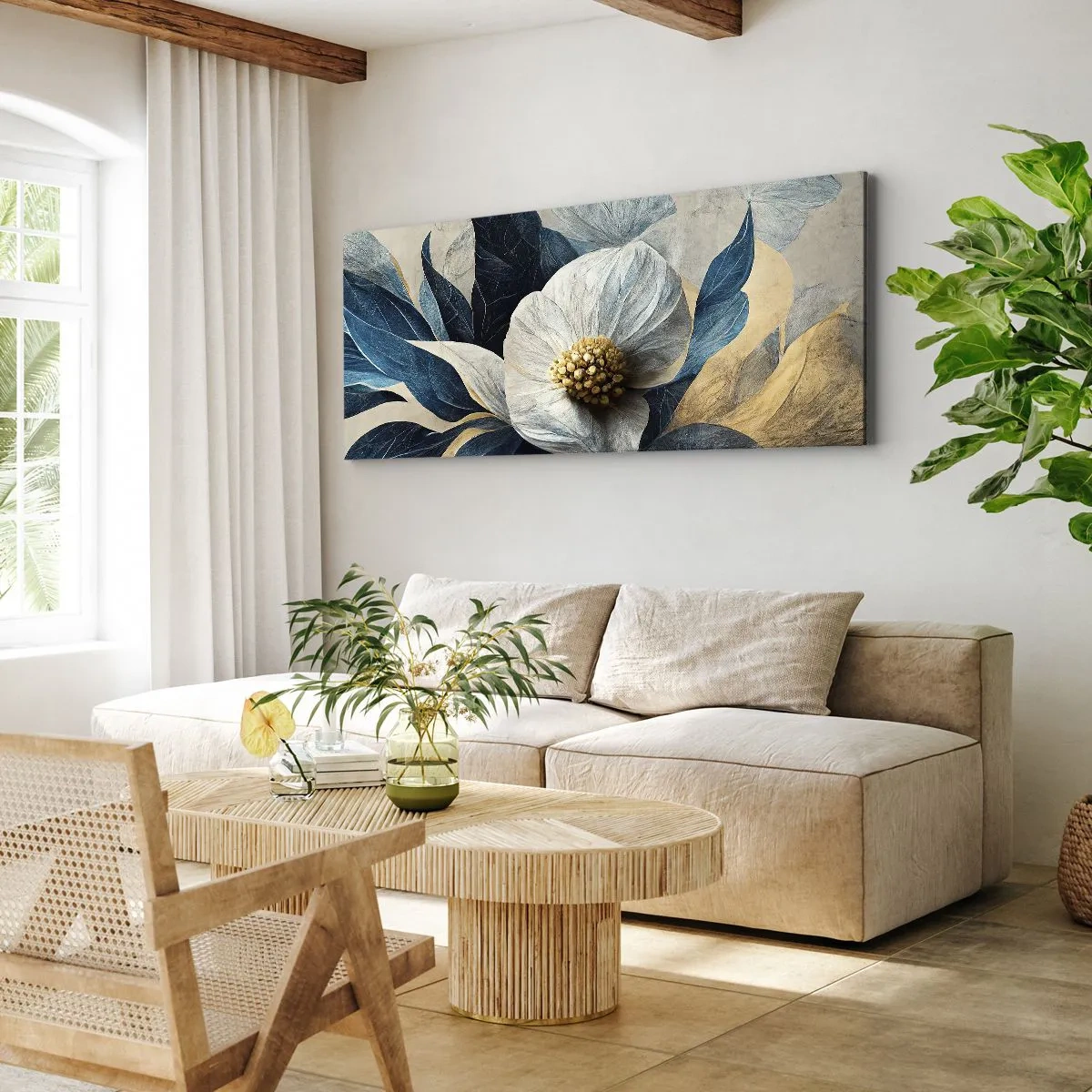 Impression sur toile - Image sur toile - Une fleur aux feuilles bleues sur un fond élégant - 140x50cm - Il a un coeur d'or - Décoration murale moderne pour le salon et la chambre ARTTOR