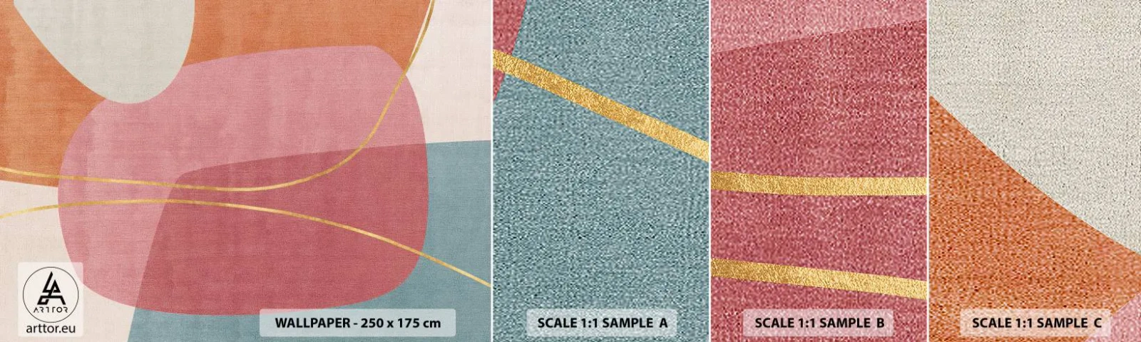 Échantillon De Papier Peint Standard Eco - Composition pastel au fil d'or - Abstraction, Minimalisme, Formes - 100x30 cm