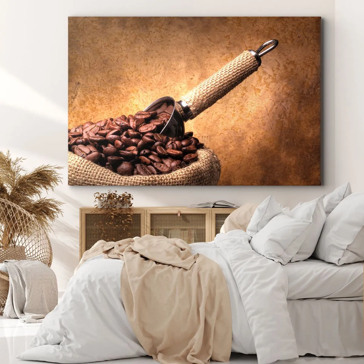 Impression sur toile - Image sur toile - Grains de café dans un sac en jute avec une cuillère en métal - 70x50cm - A la source de la saveur - Décoration murale moderne pour le salon et la chambre ARTTOR