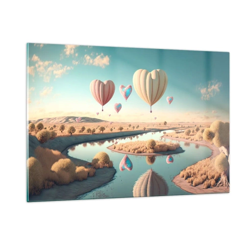 Impression sur verre - Image sur verre - Ballons en forme de cœur au-dessus d'un paysage de conte de fées avec une rivière - 120x80cm - L'amour te permet de t'élever - Décoration murale moderne pour le salon et la chambre ARTTOR