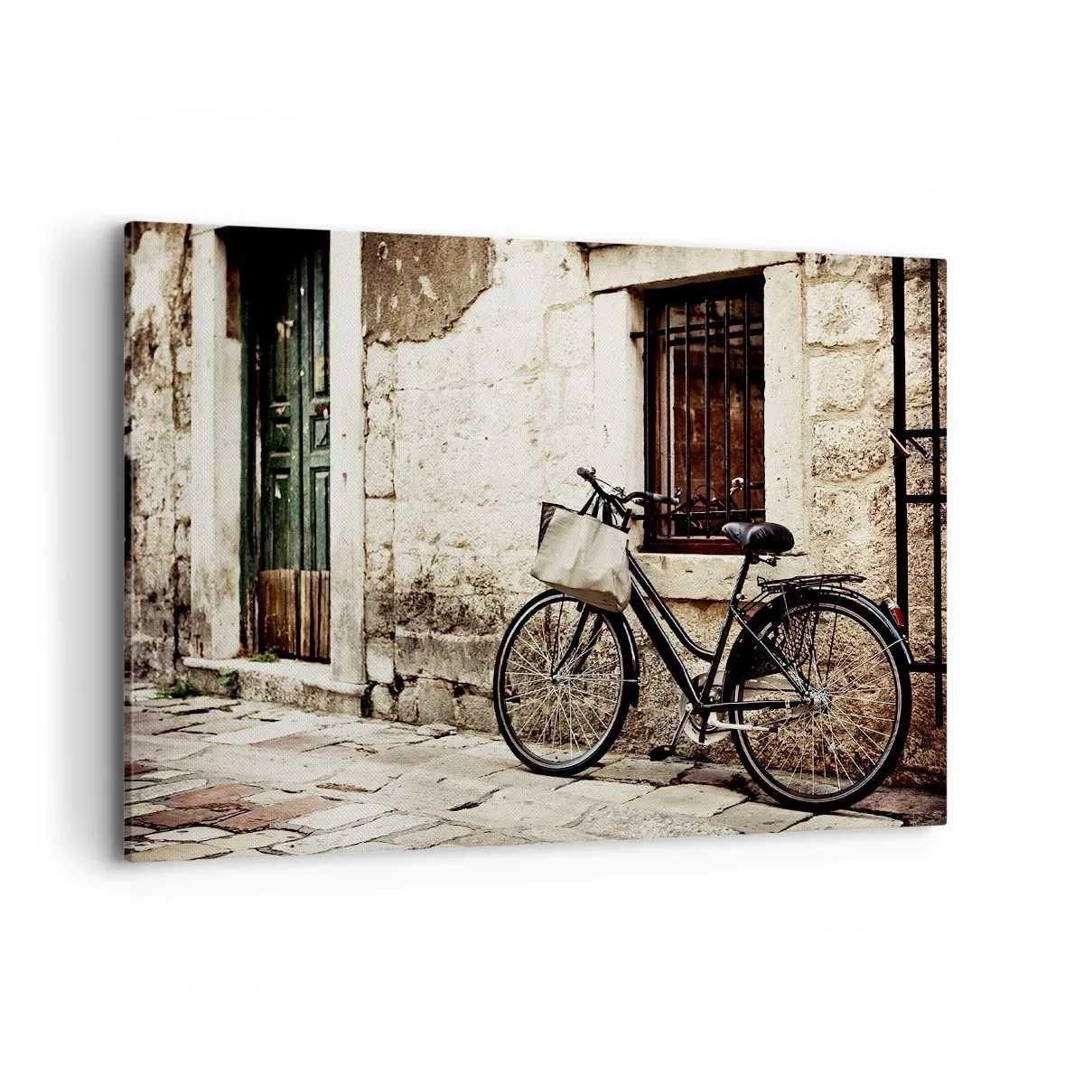 Impression sur toile - Image sur toile - Un vélo contre un mur de pierre avec une fenêtre et une porte de style rétro - 100x70cm - Retour au passé - Décoration murale moderne pour le salon et la chambre ARTTOR