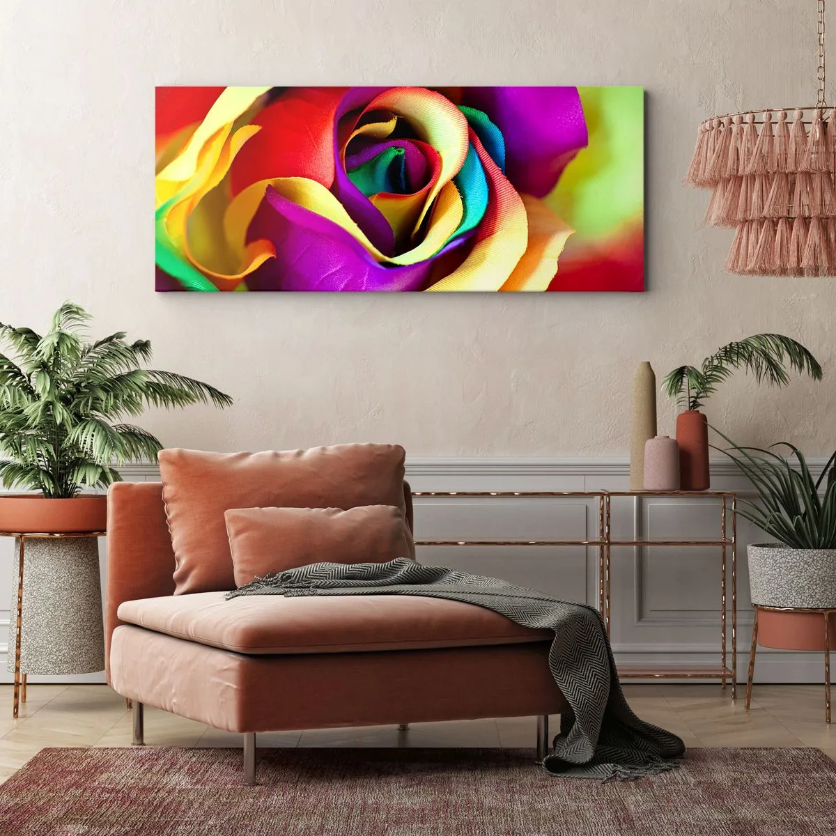 Impression sur toile - Image sur toile - Une rose colorée aux nuances de l'arc-en-ciel - 120x50cm - Ce n'est pas possible - Décoration murale moderne pour le salon et la chambre ARTTOR