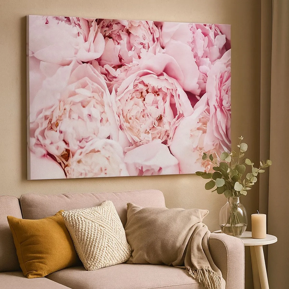 Impression sur toile - Image sur toile - Gros plan d'un bouquet de pivoines roses - 70x50cm - Caliné et parfumé - Décoration murale moderne pour le salon et la chambre ARTTOR