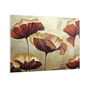 Impression sur verre - Image sur verre - Fleurs de pavot dans les tons de rouge et d'or sur fond clair - 100x70cm - À la lisière des champs - Décoration murale moderne pour le salon et la chambre ARTTOR