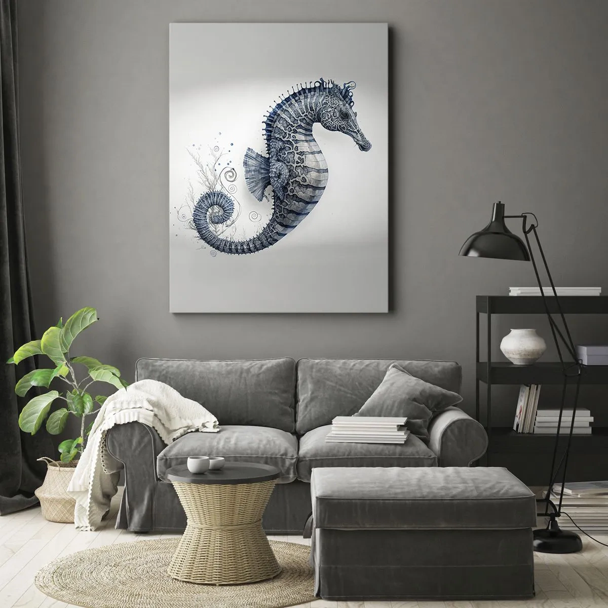 Impression sur toile - Image sur toile - Hippocampe dans des tons de bleu avec des détails à l'aquarelle - 50x70cm - Une subtile plaisanterie de la nature - Décoration murale moderne pour le salon et la chambre ARTTOR