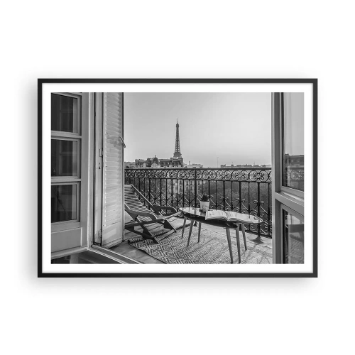 Affiche dans un cadre noir - Poster - Vue sur la Tour Eiffel depuis le balcon avec transats et table - 100x70cm - Après-midi parisien - Décoration murale moderne pour le salon et la chambre ARTTOR
