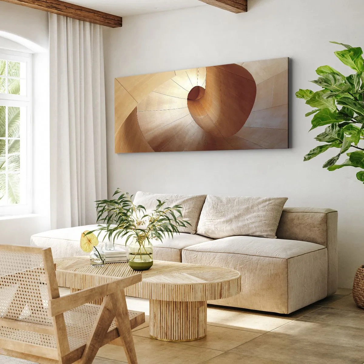 Impression sur toile - Image sur toile - Spirale abstraite dans les tons bois et marron clair - 120x50cm - Serpentin architectural - Décoration murale moderne pour le salon et la chambre ARTTOR