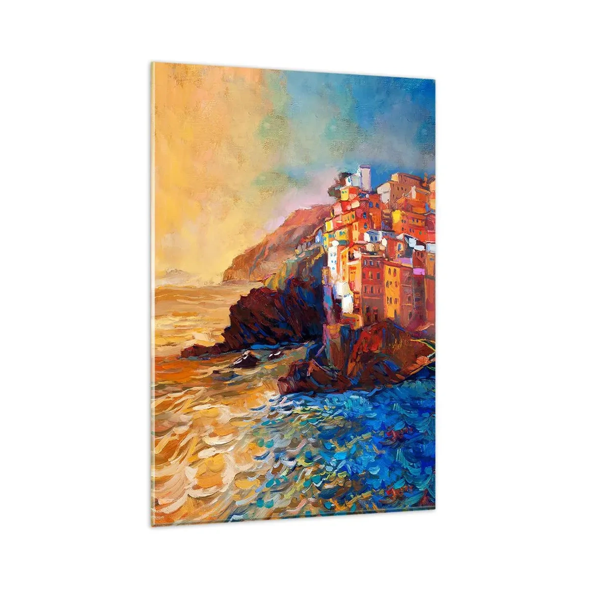 Impression sur verre - Image sur verre - Maisons colorées sur une falaise au-dessus de la mer - 80x120cm - Climats italien - Décoration murale moderne pour le salon et la chambre ARTTOR
