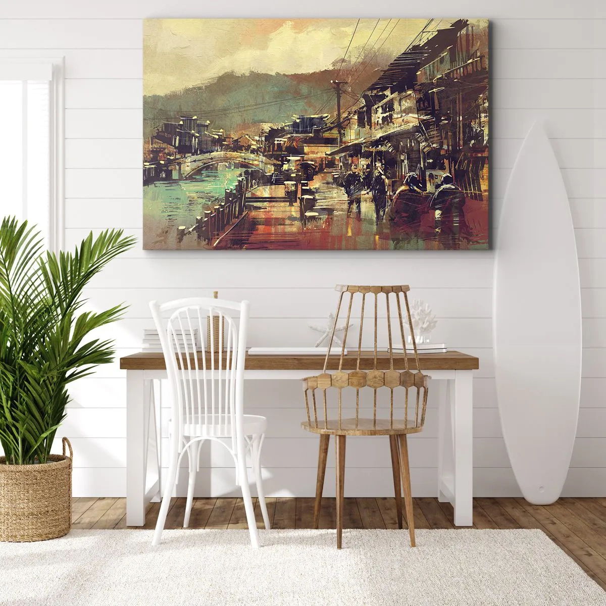 Impression sur toile - Image sur toile - Une ville avec un pont et des rues au style artistique - 70x50cm - La vie comme une richesse de gris - Décoration murale moderne pour le salon et la chambre ARTTOR