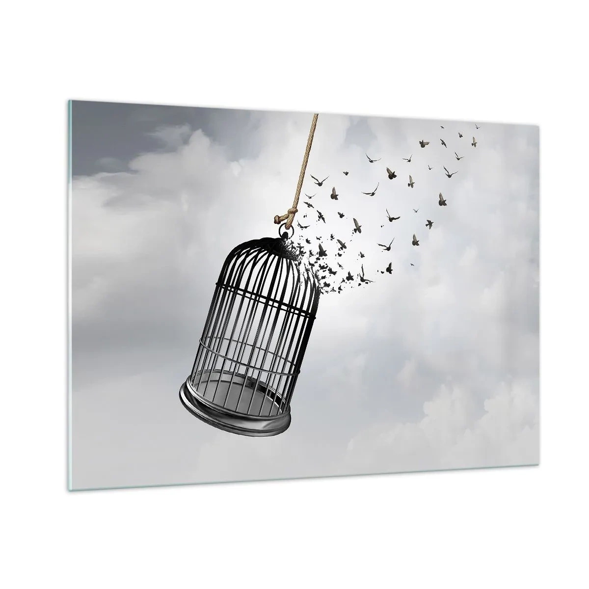 Impression sur verre - Image sur verre - L'ouverture de la cage et les oiseaux qui s'envolent dans le ciel - 100x70cm - Foie...Espoir...Liberté! - Décoration murale moderne pour le salon et la chambre ARTTOR