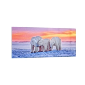 Impression sur verre - Image sur verre - Trois ours polaires sur fond de coucher de soleil arctique - 120x50cm - La chaleur familiale suffit - Décoration murale moderne pour le salon et la chambre ARTTOR