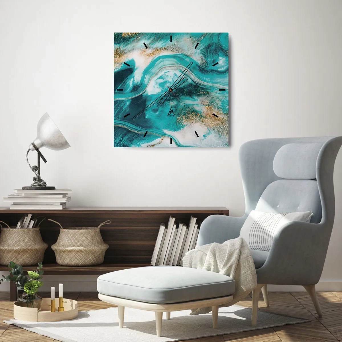 Horloge murale - Pendule murale - Abstraction turquoise avec des accents blancs et dorés - 30x30cm - Rivière d'or - Décoration murale moderne pour le salon et la chambre ARTTOR