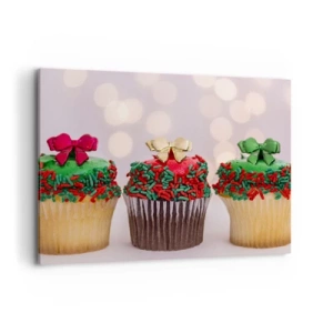 Impression sur toile - Image sur toile - Cupcakes de Noël avec des paillettes et des nœuds colorés - 100x70cm - Une sucrerie après la cocarde - Décoration murale moderne pour le salon et la chambre ARTTOR