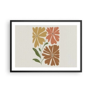 Affiche dans un cadre noir - Poster - Trois fleurs aux couleurs chaudes sur un fond clair - 70x50cm - Nature et géométrie - Décoration murale moderne pour le salon et la chambre ARTTOR