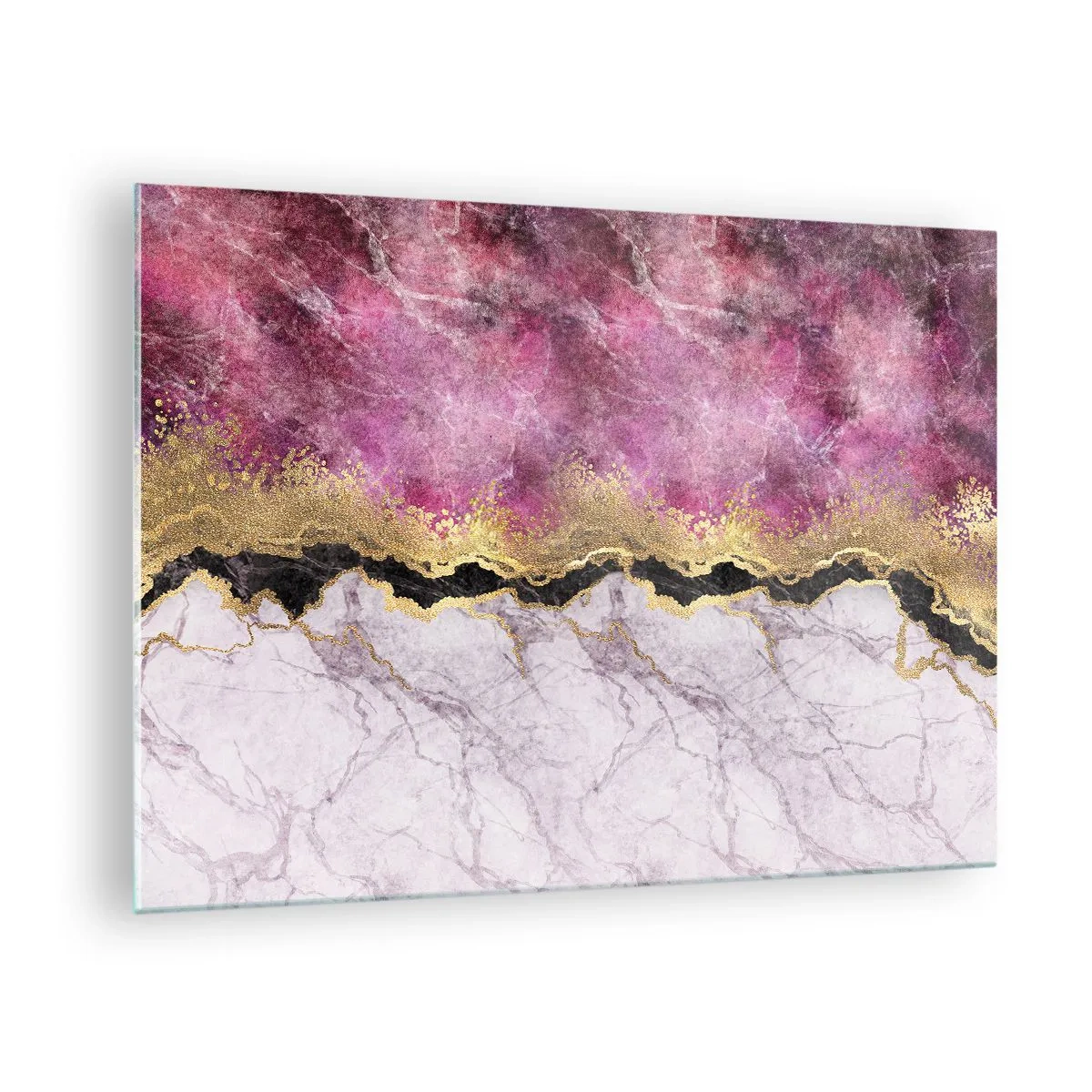 Impression sur verre - Image sur verre - Composition abstraite en marbre avec des accents dorés et violets - 70x50cm - À la frontière - Décoration murale moderne pour le salon et la chambre ARTTOR