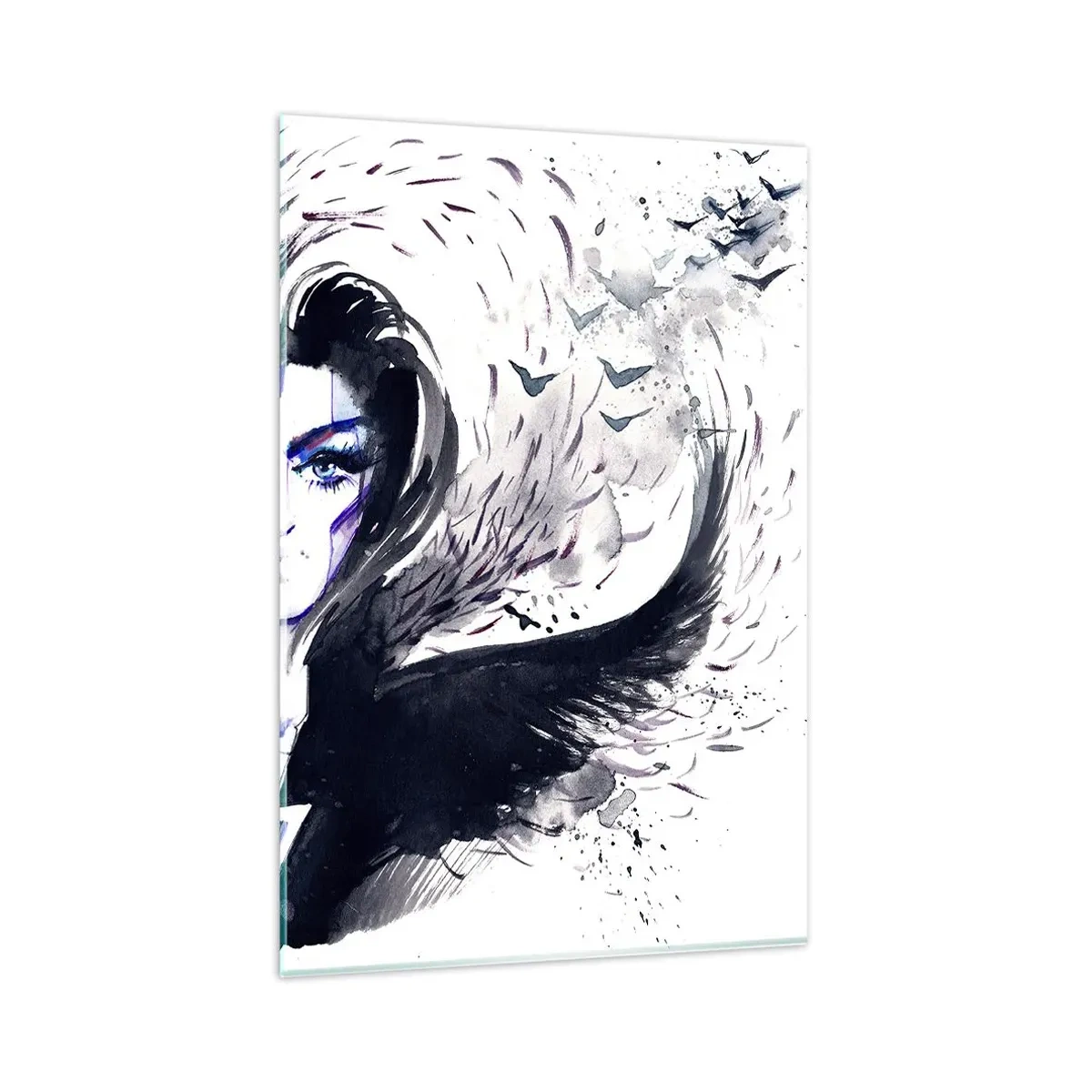 Impression sur verre - Image sur verre - Visage abstrait avec des éléments contrastés et un motif d'aile - 80x120cm - Démoniaque et belle - Décoration murale moderne pour le salon et la chambre ARTTOR