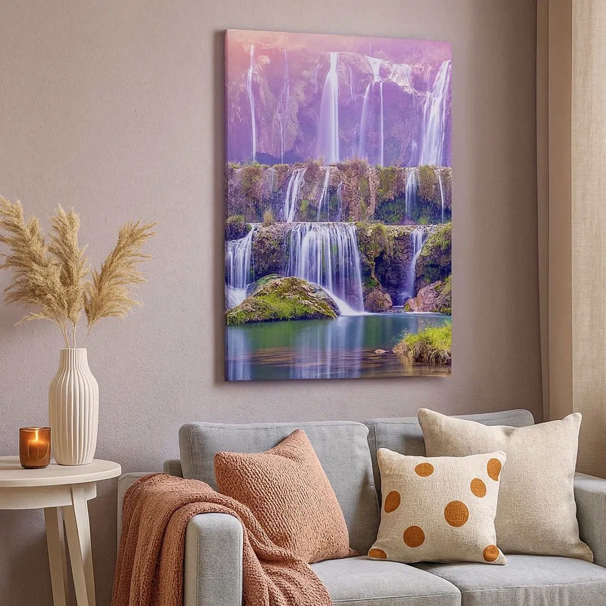 Impression sur toile - Image sur toile - Cascades entourées de verdure avec un éclairage pastel - 50x70cm - Escalier vers le ciel - Décoration murale moderne pour le salon et la chambre ARTTOR