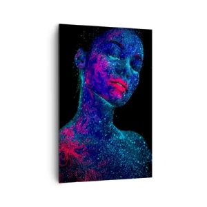 Impression sur toile - Image sur toile - Portrait d'une femme aux couleurs fluo sur fond noir - 80x120cm - Dans la poussière d'étoiles - Décoration murale moderne pour le salon et la chambre ARTTOR