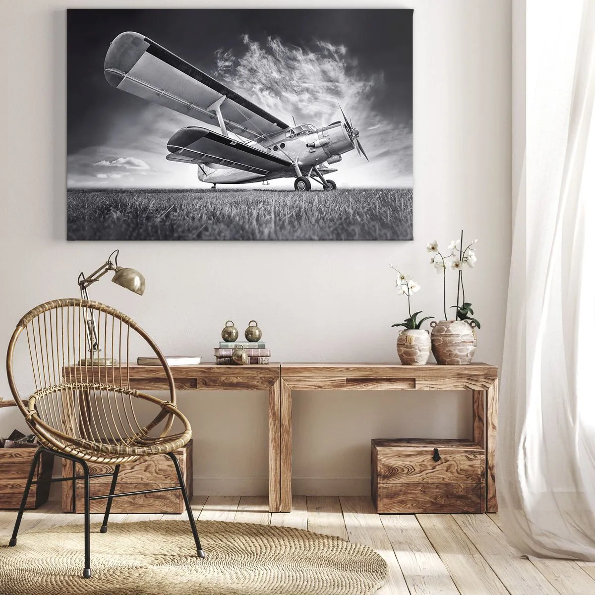 Impression sur toile - Image sur toile - Un avion contre un ciel dramatique en noir et blanc - 70x50cm - Le pèlerin ailé - Décoration murale moderne pour le salon et la chambre ARTTOR