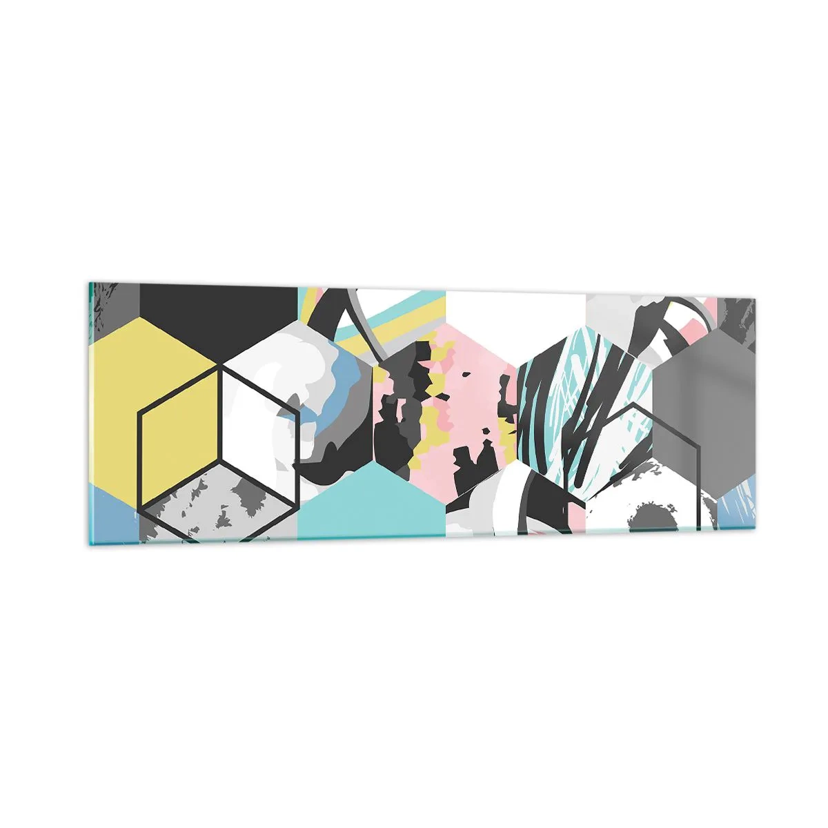 Impression sur verre - Image sur verre - Hexagones et cubes en six couleurs - 90x30 cm