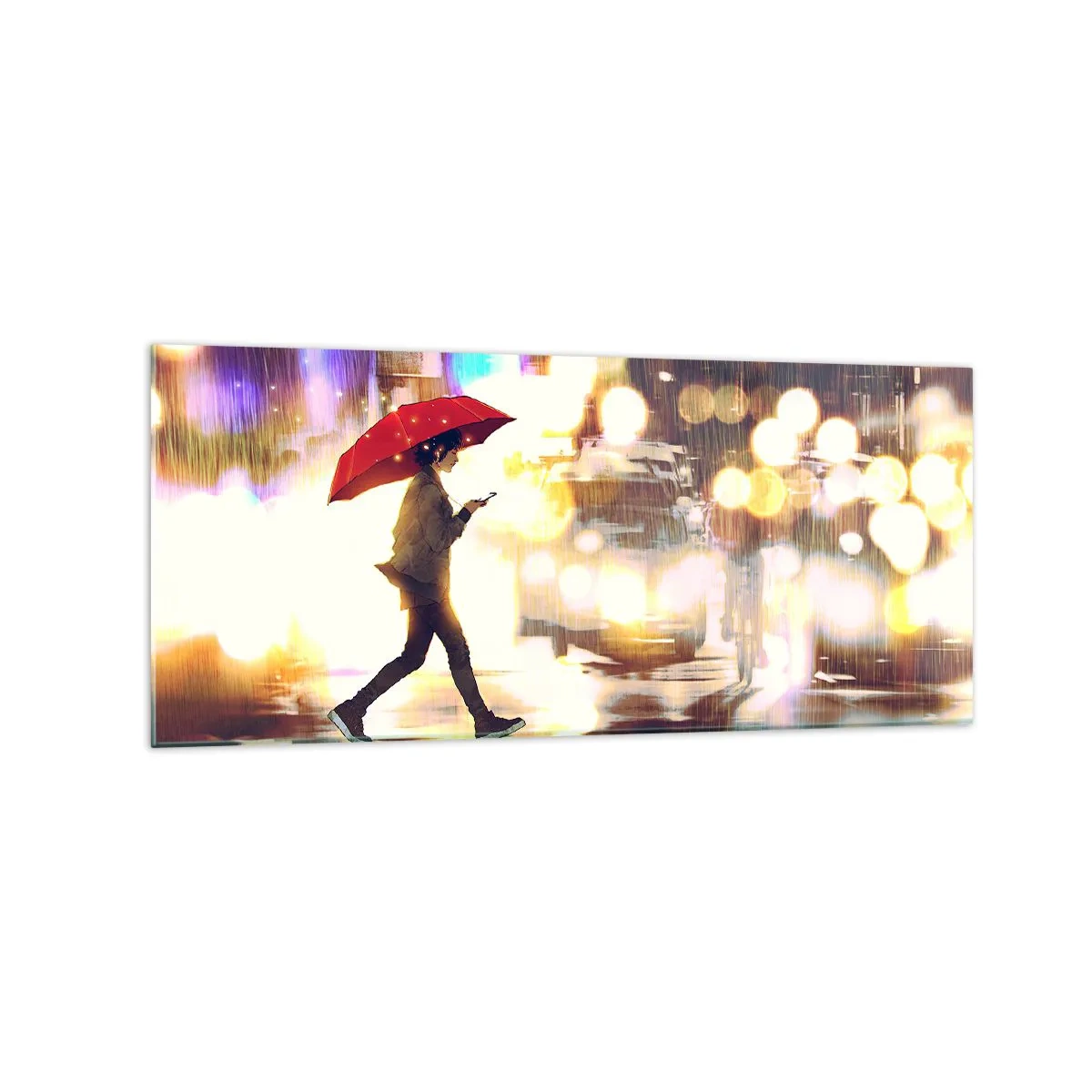 Impression sur verre - Image sur verre - Une silhouette avec un parapluie rouge dans la rue sous la pluie - 120x50cm - Et pourtant ensoleillé - Décoration murale moderne pour le salon et la chambre ARTTOR