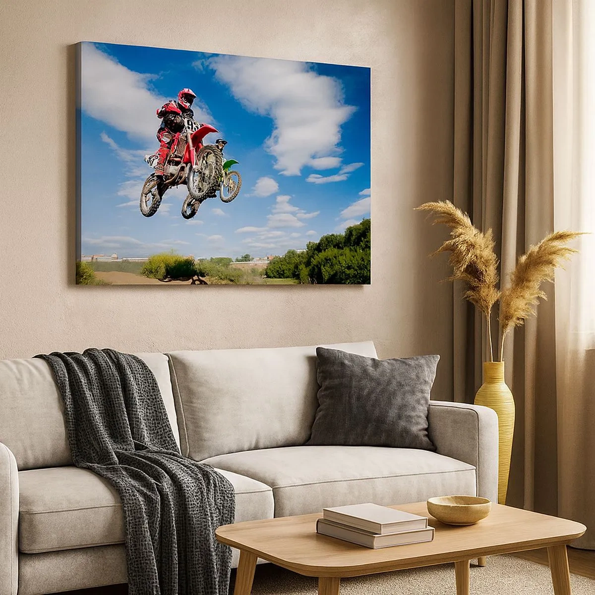 Impression sur toile - Image sur toile - Des pilotes de motocross dans les airs lors d'un saut - 70x50cm - Saut en parachute - Décoration murale moderne pour le salon et la chambre ARTTOR