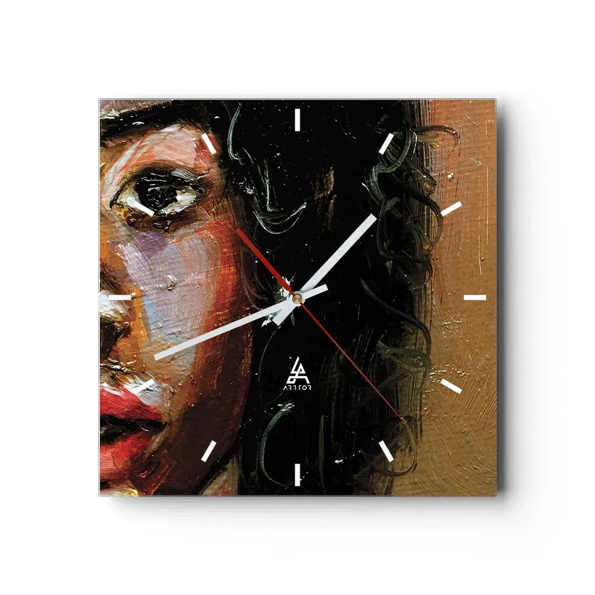 Horloge murale - Pendule murale - Un portrait expressif d'une femme aux couleurs intenses. - 30x30cm - Noir et brillant - Décoration murale moderne pour le salon et la chambre ARTTOR