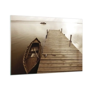 Impression sur verre - Image sur verre - Un bateau sur un quai sur un lac calme en sépia - 100x70cm - Le grand silence - Décoration murale moderne pour le salon et la chambre ARTTOR
