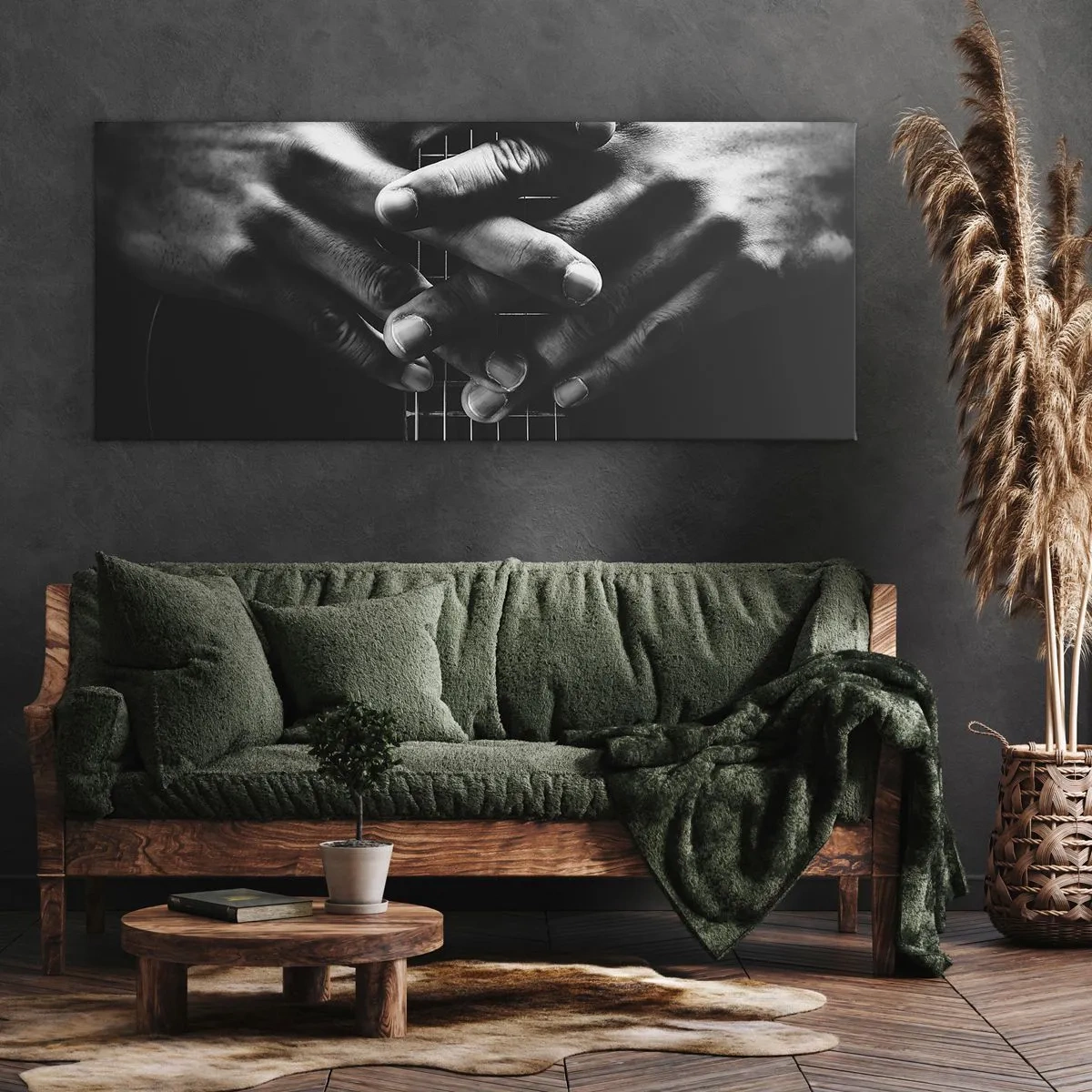 Impression sur toile - Image sur toile - Mains jointes sur une guitare dans un ton monochrome - 160x50cm - Prière d'artiste - Décoration murale moderne pour le salon et la chambre ARTTOR