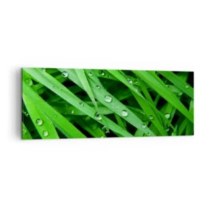 Impression sur toile - Image sur toile - Gros plan de brins d'herbe verte avec des gouttes de rosée - 140x50cm - Jouez dans le vert - Décoration murale moderne pour le salon et la chambre ARTTOR