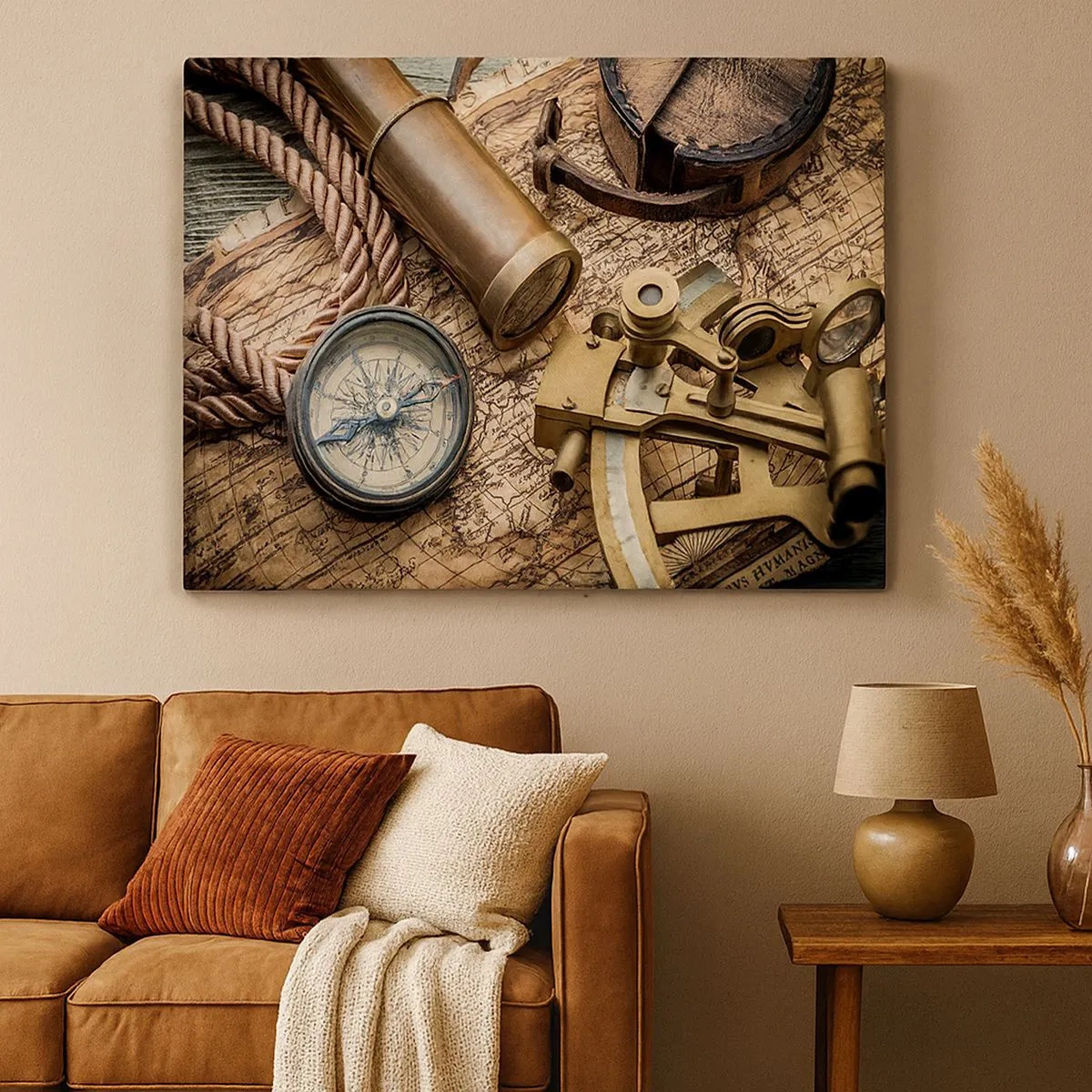 Impression sur toile - Image sur toile - Une boussole, un sextant et un télescope sur fond de vieille carte et de corde nautique. - 70x50cm - Fixer un cap - Décoration murale moderne pour le salon et la chambre ARTTOR
