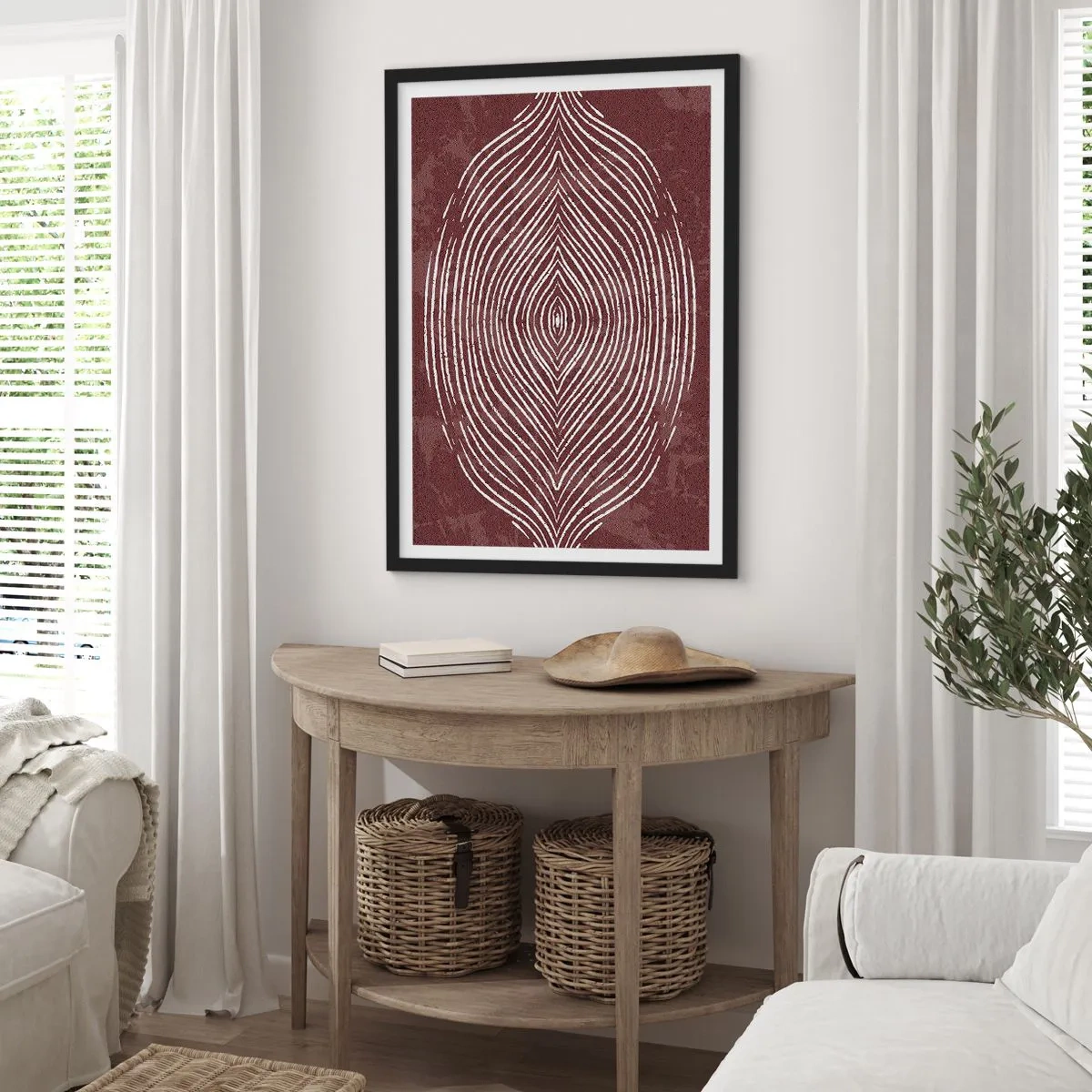 Affiche dans un cadre noir - Poster - Un motif hypnotique de lignes blanches sur fond marron. - 50x70cm - L'espace parle - Décoration murale moderne pour le salon et la chambre ARTTOR
