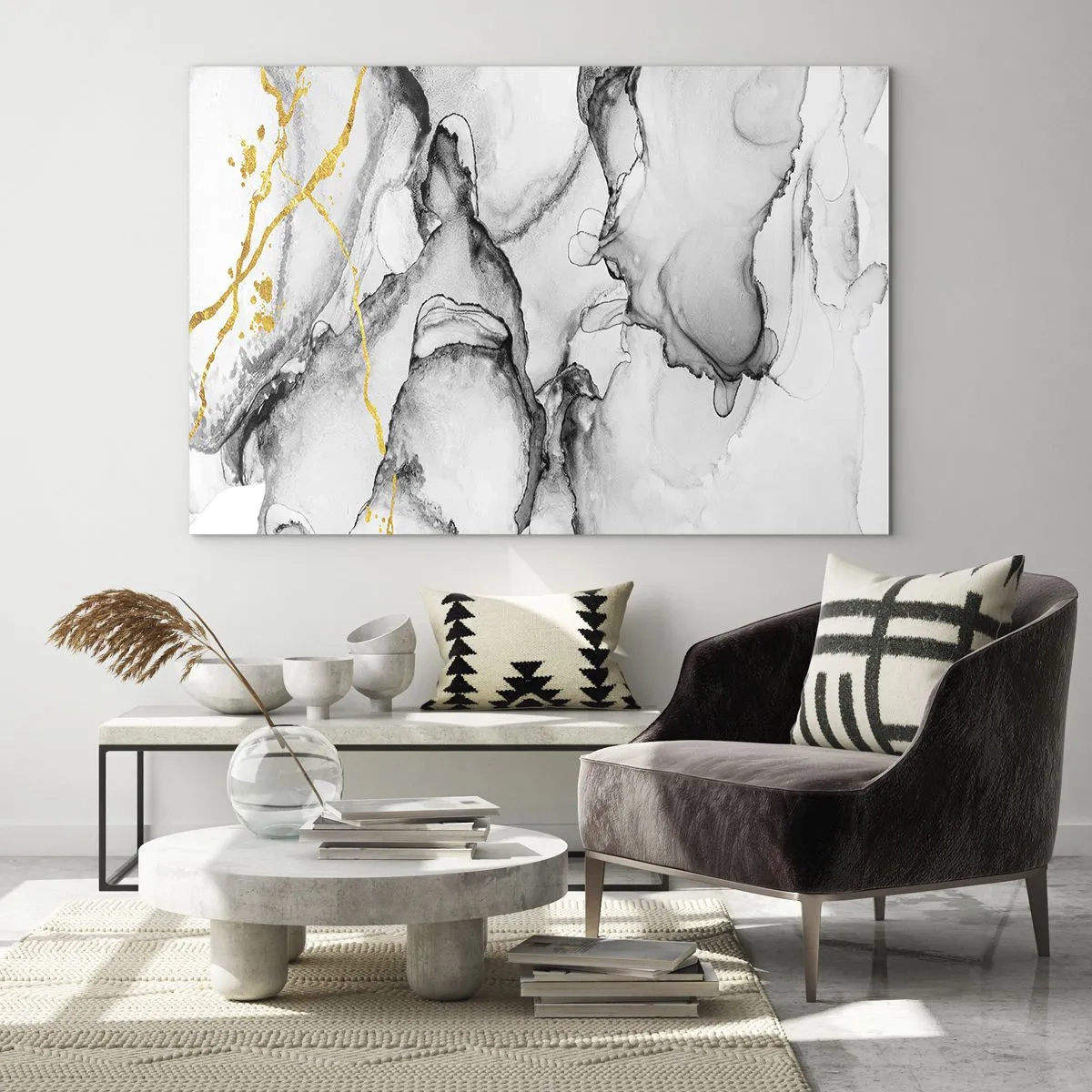 Impression sur verre - Image sur verre - Composition abstraite en noir et blanc avec une touche d'or - 70x50cm - Composition à motif or - Décoration murale moderne pour le salon et la chambre ARTTOR