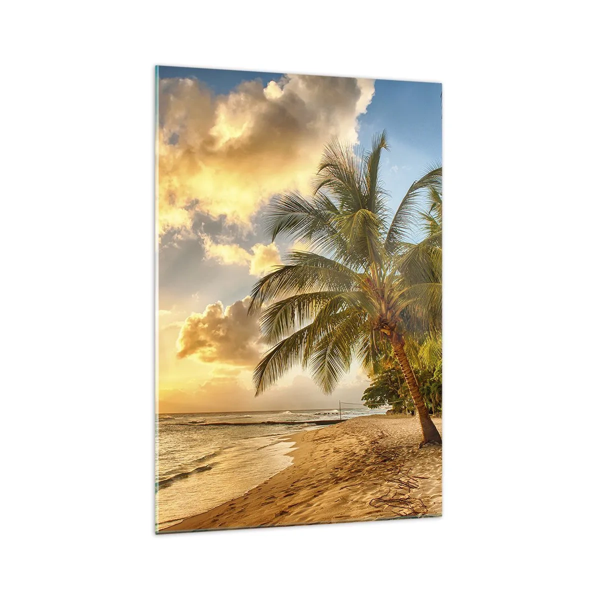 Impression sur verre - Image sur verre - Plage avec palmiers et coucher de soleil sur l'océan - 70x100cm - Été éternel, toujours des vacances - Décoration murale moderne pour le salon et la chambre ARTTOR
