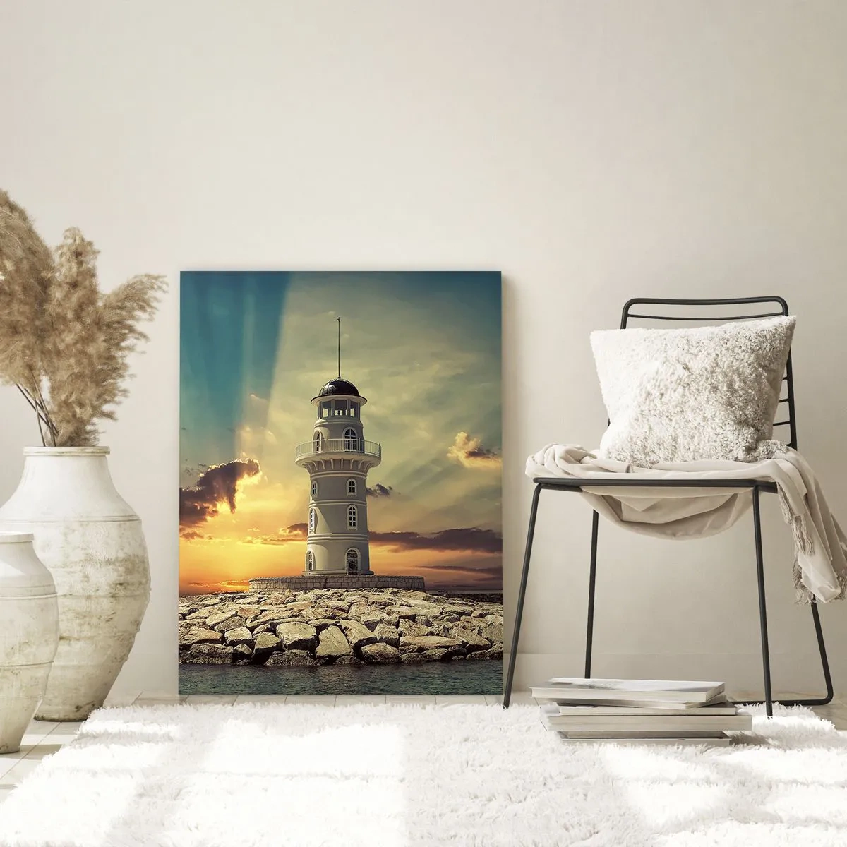 Impression sur verre - Image sur verre - Un phare au coucher du soleil contre le ciel - 80x120cm - Lumière - Bonté - Beauté - Décoration murale moderne pour le salon et la chambre ARTTOR
