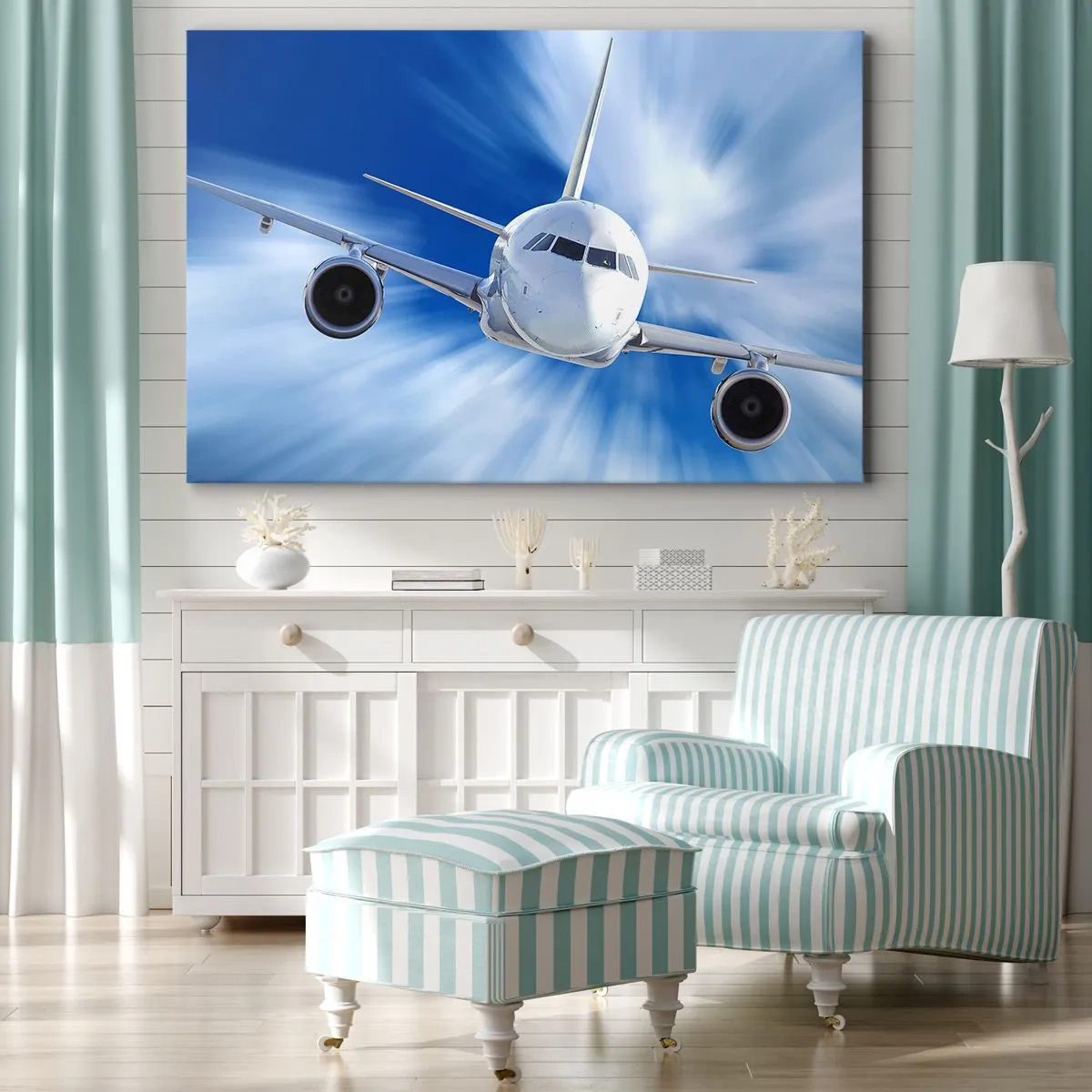 Impression sur toile - Image sur toile - Un avion de ligne en mouvement dans le ciel - 120x80cm - Plus vite que le vent dans le ciel - Décoration murale moderne pour le salon et la chambre ARTTOR