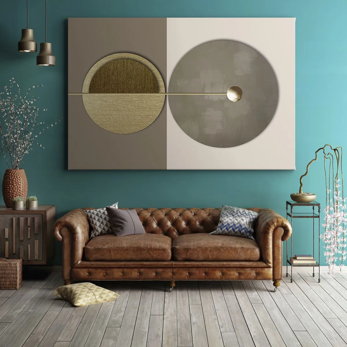 Impression sur toile - Image sur toile - Cercles abstraits dans les tons or et beige - 120x80cm - Équilibre parfait - Décoration murale moderne pour le salon et la chambre ARTTOR