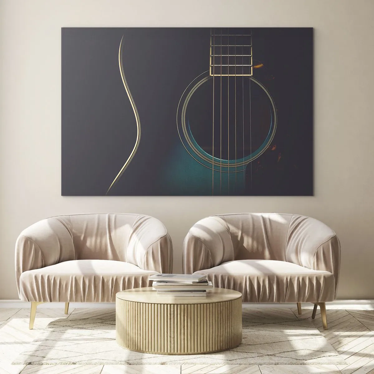 Impression sur verre - Image sur verre - Gros plan d'une guitare acoustique noire avec détails des cordes - 70x50cm - Le calme avant la tempête - Décoration murale moderne pour le salon et la chambre ARTTOR